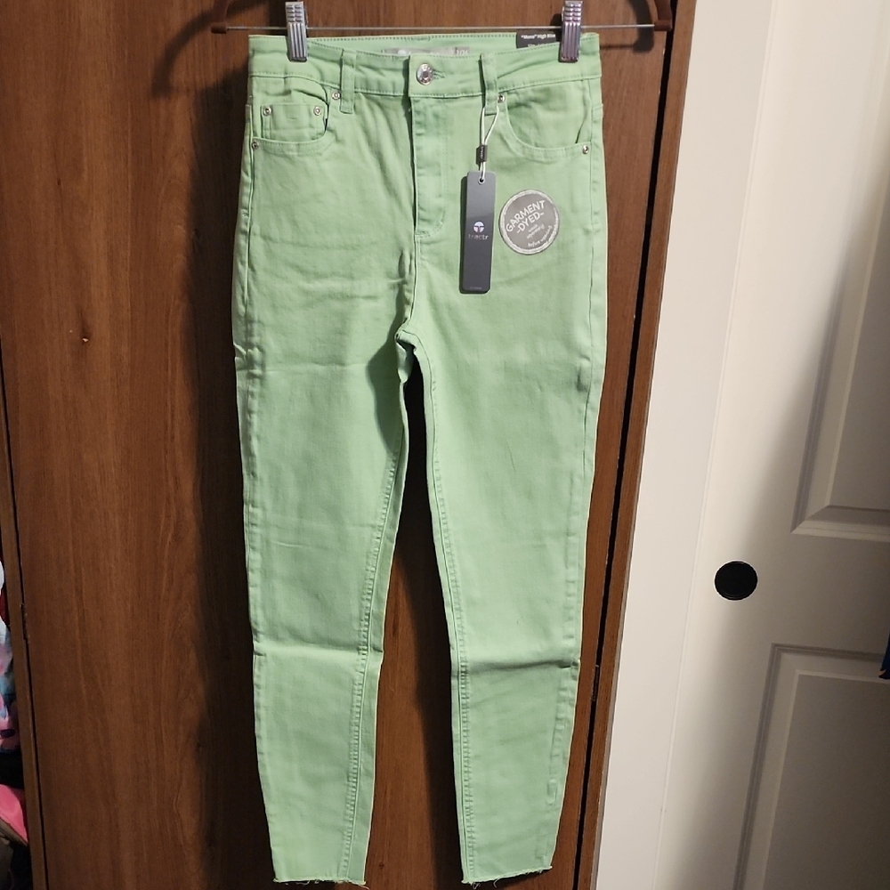 Tractr Jeans- High Rise Crop - Smoked Green With Raw Hem NWT Size 26